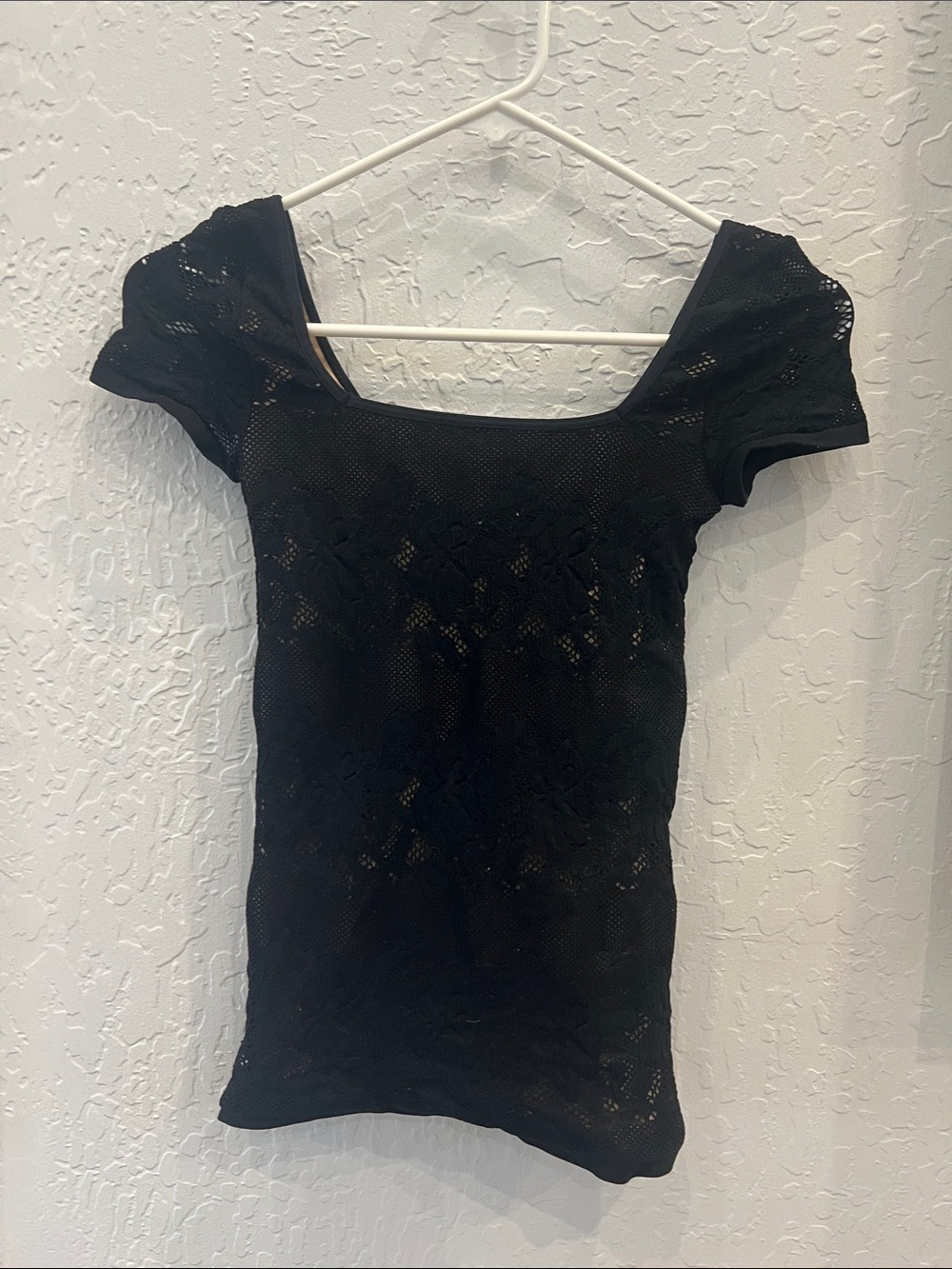 bebe Black Short Sleeve Lace Knit Top